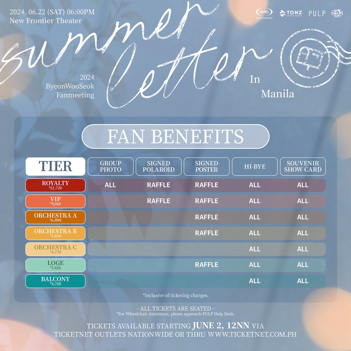 No more waiting! 🥰 The 2024 Byeon Woo-seok Asia Fanmeeting Tour: Summer Letter in Manila seatplan and fan perks are now available! Get ready to choose your dream spot because every seat promises a close encounter with Byeon Woo-Seok! 💖 Is your heart prepared for this