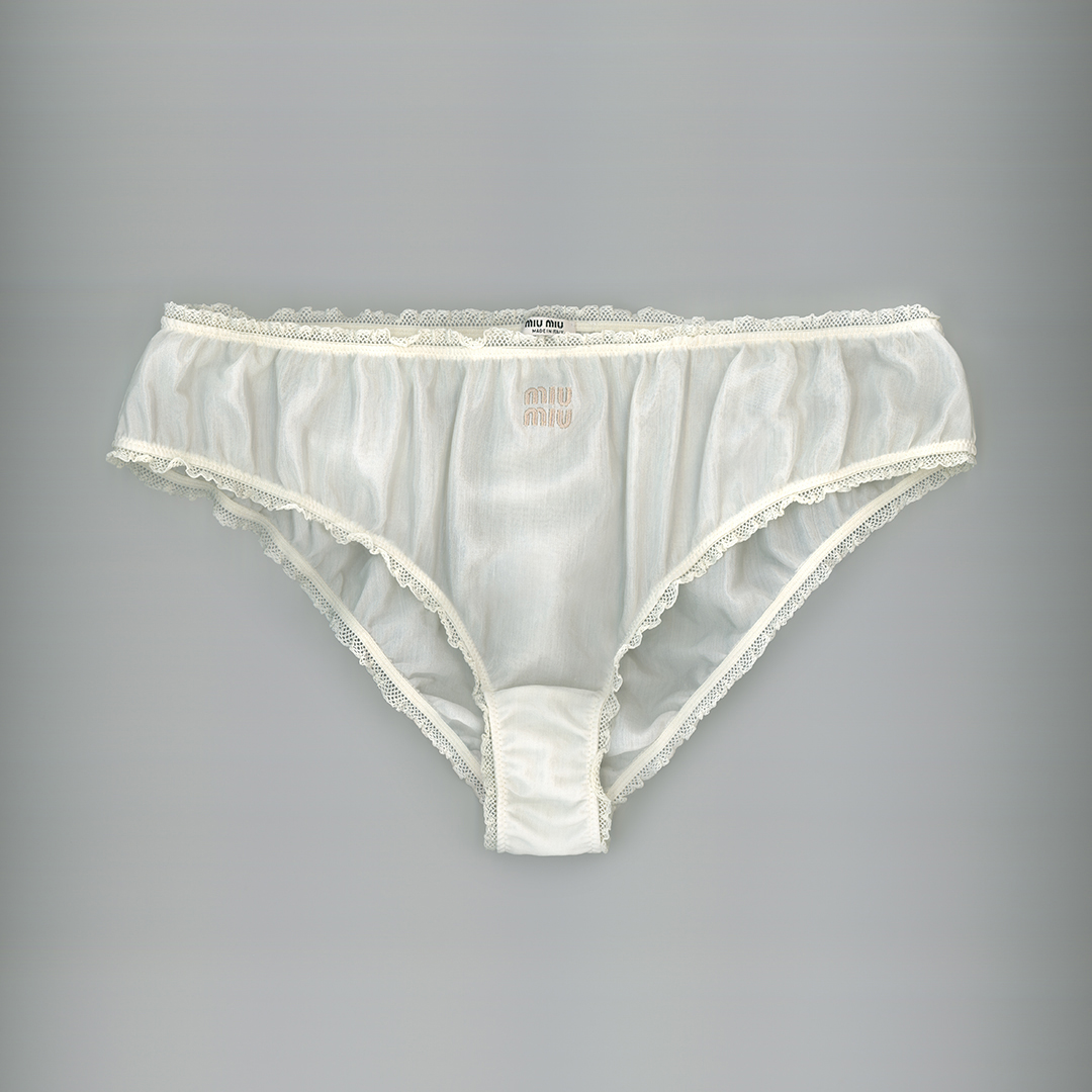 Vintage inspired Miu Miu Underwear collection in delicate muslin. Artwork by Katerina Jebb. Discover the collection here: tinyurl.com/5ancx38r