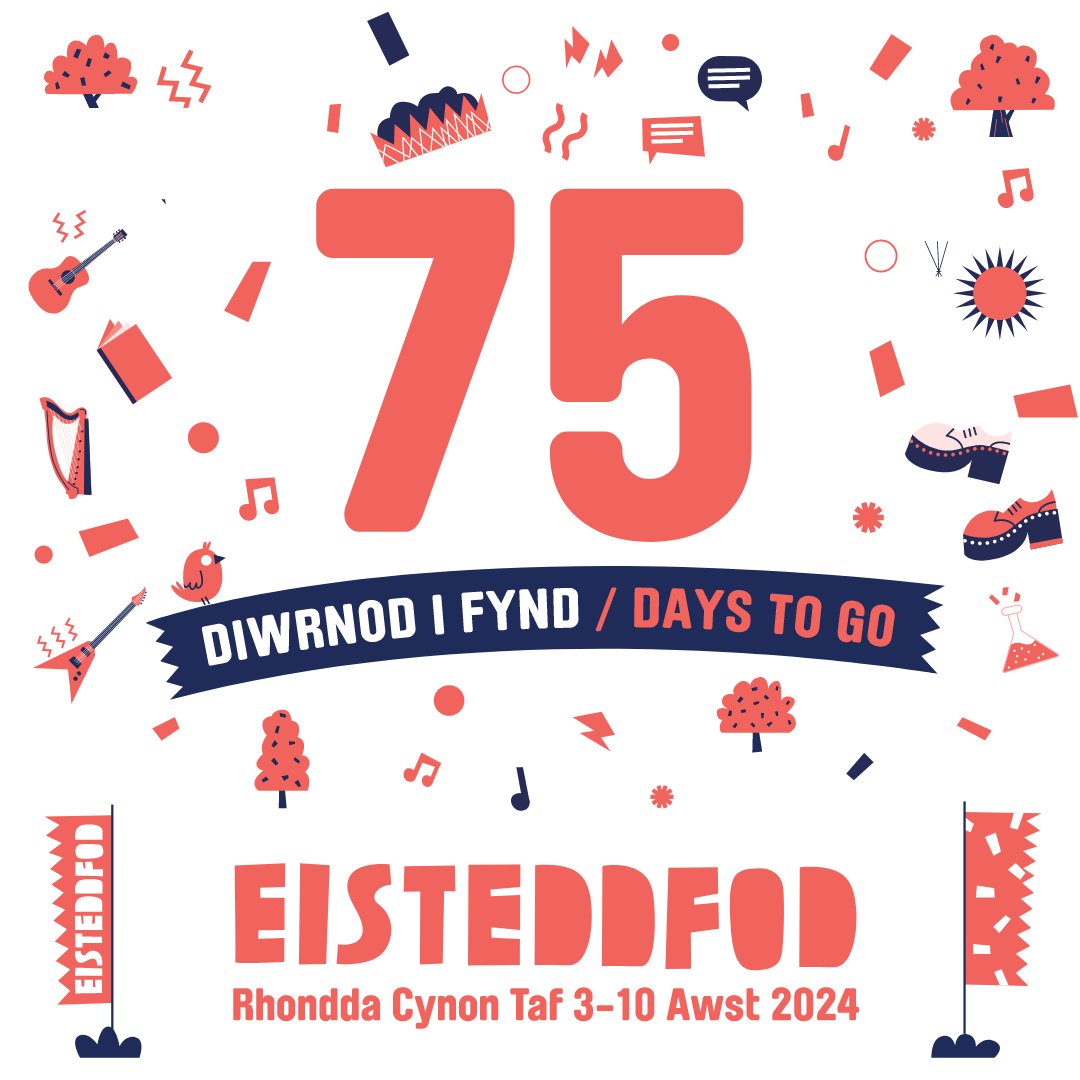 🎉 Today we celebrate 75 days to go until the start of Eisteddfod Genedlaethol Rhondda Cynon Taf. Who's looking forward to join us at Pontypridd 3-10 August 2024? #steddfod2024 Keep an eye out for some exciting news today 🤩
