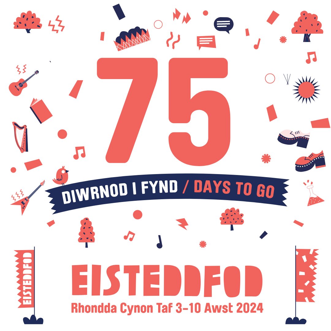 🎉 Today we celebrate 75 days to go until the start of Eisteddfod Genedlaethol Rhondda Cynon Taf. 

Who's looking forward to join us at Pontypridd 3-10 August 2024? 
#steddfod2024

Keep an eye out for some exciting news today 🤩