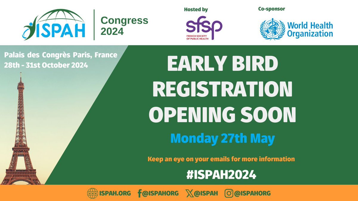📢 Exciting news from #ISPAH2024!  

👉 We're thrilled to announce that early registration will open on Monday, May 27th. Keep an eye on your emails for more information. 🔗 buff.ly/3UNtkLz

@SFSPasso @WHO