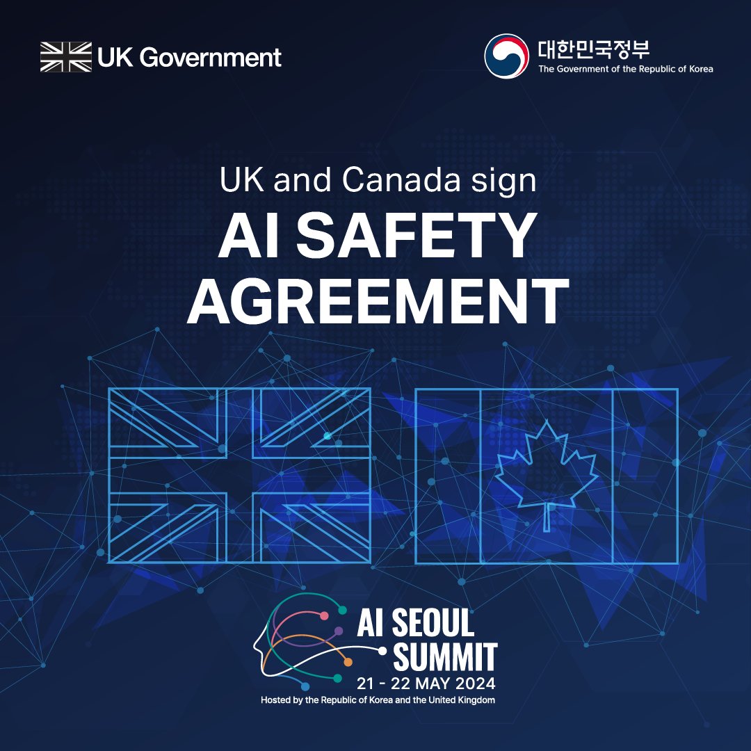 The United Kingdom and Canada have signed an agreement to work closely together on AI safety 🇬🇧🇨🇦 The @AISafetyInst will collaborate closely with its Canadian counterpart as part of the growing network of AI safety institutes following the first AI Safety Summit at Bletchley.