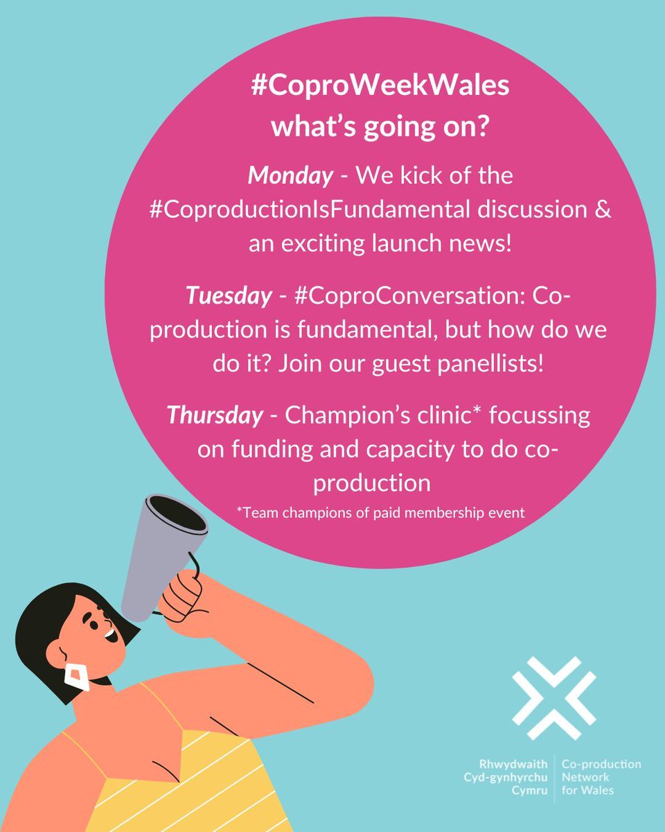 It's officially #CoproWeekWales 🎉 This is a week to shout about all things co-production and help spread the message that #CoproductionIsFundamental! Take a look at what we've got going on, and keep your eye on our social media channels for more #Coproduction discussions.