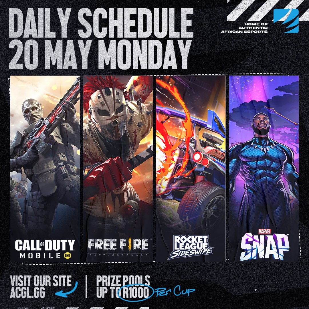 AfricanGaming's tweet photo. β° #MobileEsports cups from 19h00 tonight:
π² #FreeFire
β½οΈ #RocketLeague #Sideswipe
π² #CODmobile
π«#MarvelSnap
π° Up to R1,000 cash per cup.
π Sign up for free: https://t.co/Pb0eY2lACa
#FreeFireZA #CODMZA #RLZA #MarvelSnap #esports https://t.co/pedtK54yLq