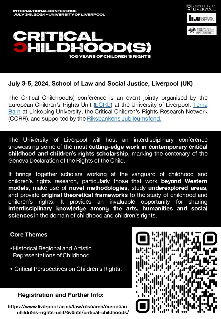 📣 Join us for @LIVEChildRights Critical Childhood(s): 100 Years of Children’s Rights international conference showcasing cutting-edge work in contemporary critical childhood and children’s rights scholarship. 📆 3-5 July 2024 📍 @LivUniSLSJ Register ⤵️ liverpool.ac.uk/law/research/e…