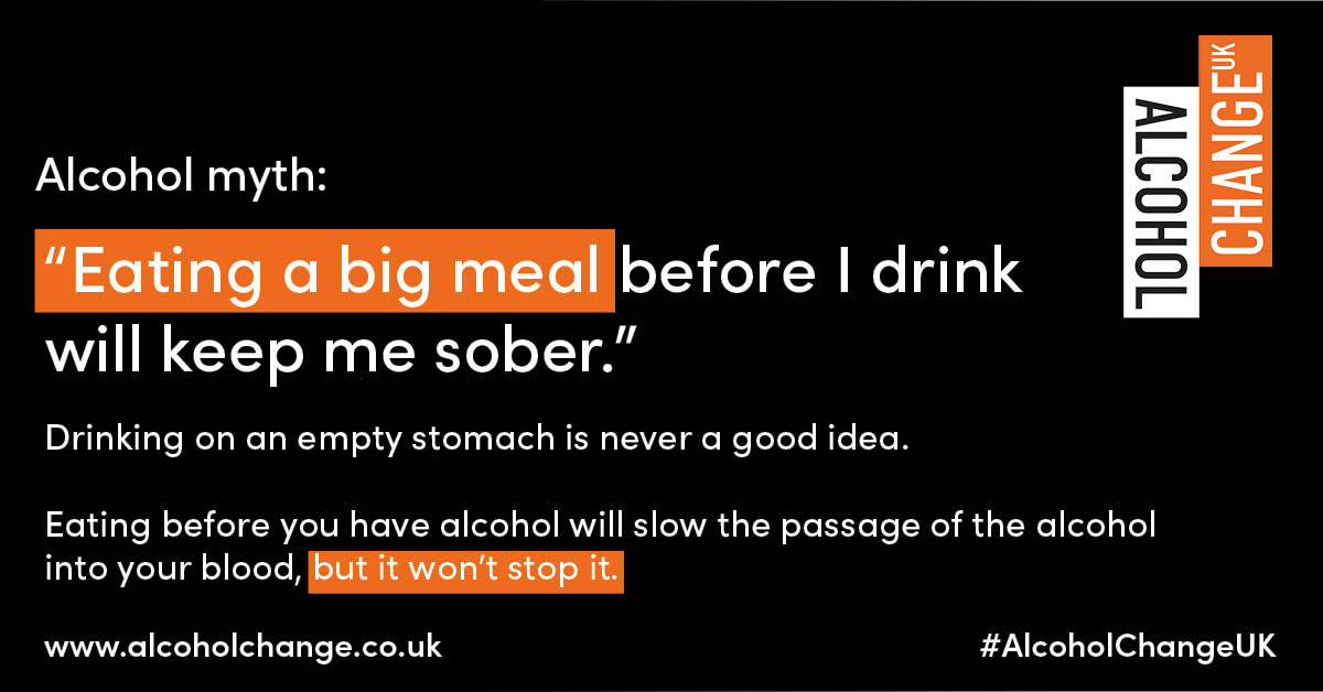 Happy #MythMonday! 

We all know drinking on an empty stomach is never a good idea. But just because you've eaten a big meal before drinking doesn't mean you'll stay sober. 

The meal will slow the passage of the alcohol into your bloodstream, but it won’t stop it!🍝🍔