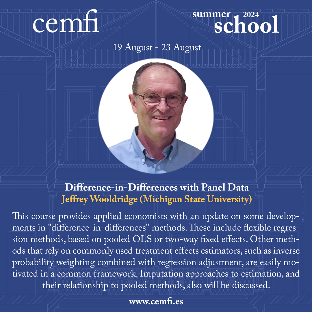 Professor Jeffrey Wooldridge (@jmwooldridge) will give a course at the Cemfi Summer School on 'Difference-in-Differences with Panel Data”. More details and application here: cemfi.es/programs/css/c…