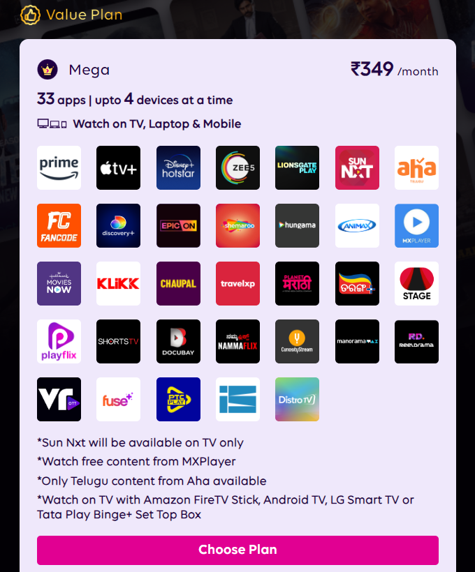 Tata Play to Offer Amazon Prime Lite Subscription Bundled With DTH and New Binge Plans. 149/- 4 ott platforms flexi lite 199/- 6 ott platforms flexi plus 349/- 33 platforms value plan #bingewatching