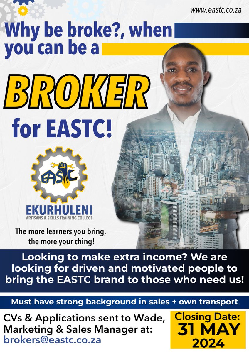 Looking to make an extra income?
EASTC is looking for individuals that are driven and motivated to bring the EASTC brand to those that need us!
Get in touch with us today should you fit the requirements!