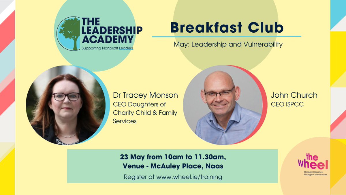 📢 Book your place now (For FREE!) at this month's Leadership Academy Breakfast Club event on Leadership & Vulnerability. 👀 Thurs 23rd May, 10-11.30am in the Arts and Culture Centre in McAuley Place, Naas - wheel.ie/training/2024/… @ISPCCChildline @DOCChildFamily @McAuley_Place