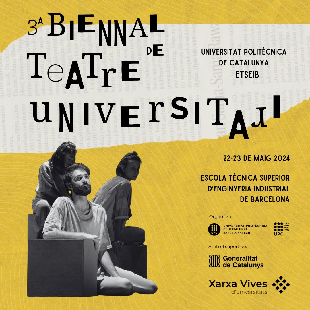 🎭✨ Apunta't les dates: 22 i 23 de maig! I el lloc: l'@etseib_UPC! Vine a descobrir nous talents i propostes escèniques emergents a la 3a Biennal de Teatre Universitari de la @xarxavives: 13 representacions de 10 universitats! Consulta el programa ➡️ vives.org/programabienna…