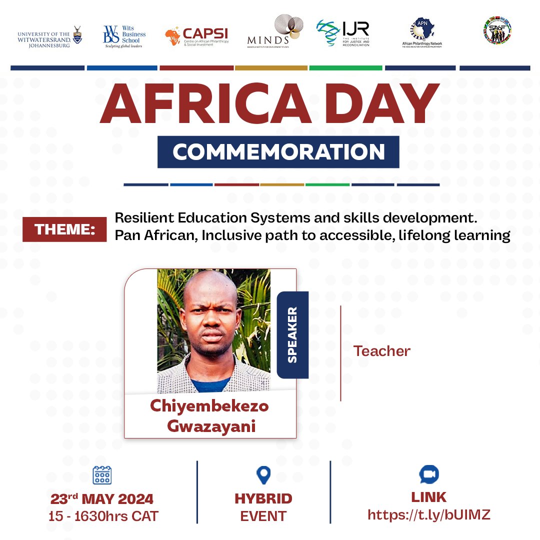 💡Africa Day Commemoration 2024 Speaker Spotlight 📣Chiyembekezo Gwazayani 📌Theme: Resilient Education Systems and skills development. Pan African, Inclusive path to accessible, lifelong learning. 🗒23 May 2024 ⏰1500hrs CAT 🔗Registration Link: zoom.us/webinar/regist…