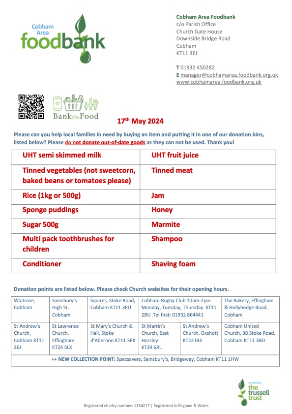 🌟 Cobham Area Foodbank: Essential Items Needed*🌟 Thank you for your ongoing support! We are currently in need of these essential items. If you can, please drop off any of these items at our collection points here: cobhamarea.foodbank.org.uk/give-help/dona… Thank you for your generosity! 💙