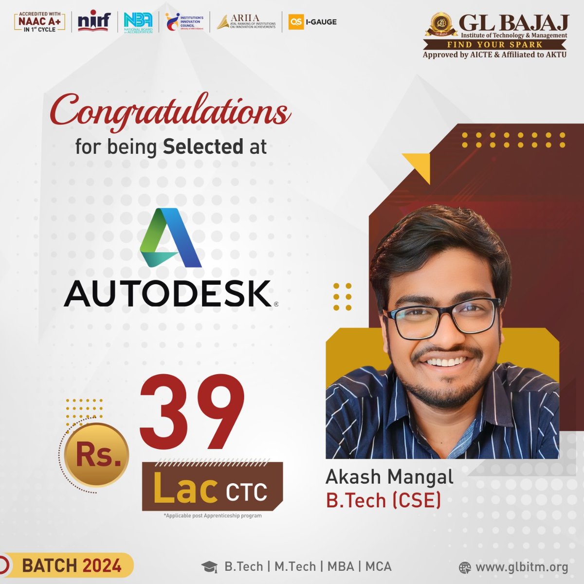 An outstanding and brilliant student of B.Tech (CSE), Akash Mangal, #Batch2024 of #GLBajaj (#GLBITM) has secured an astonishing #placement from campus recruitment at #Autodesk at a dream package of Rs. 39 Lac CTC.
#campusplacement #studentplacement #Dreampackage