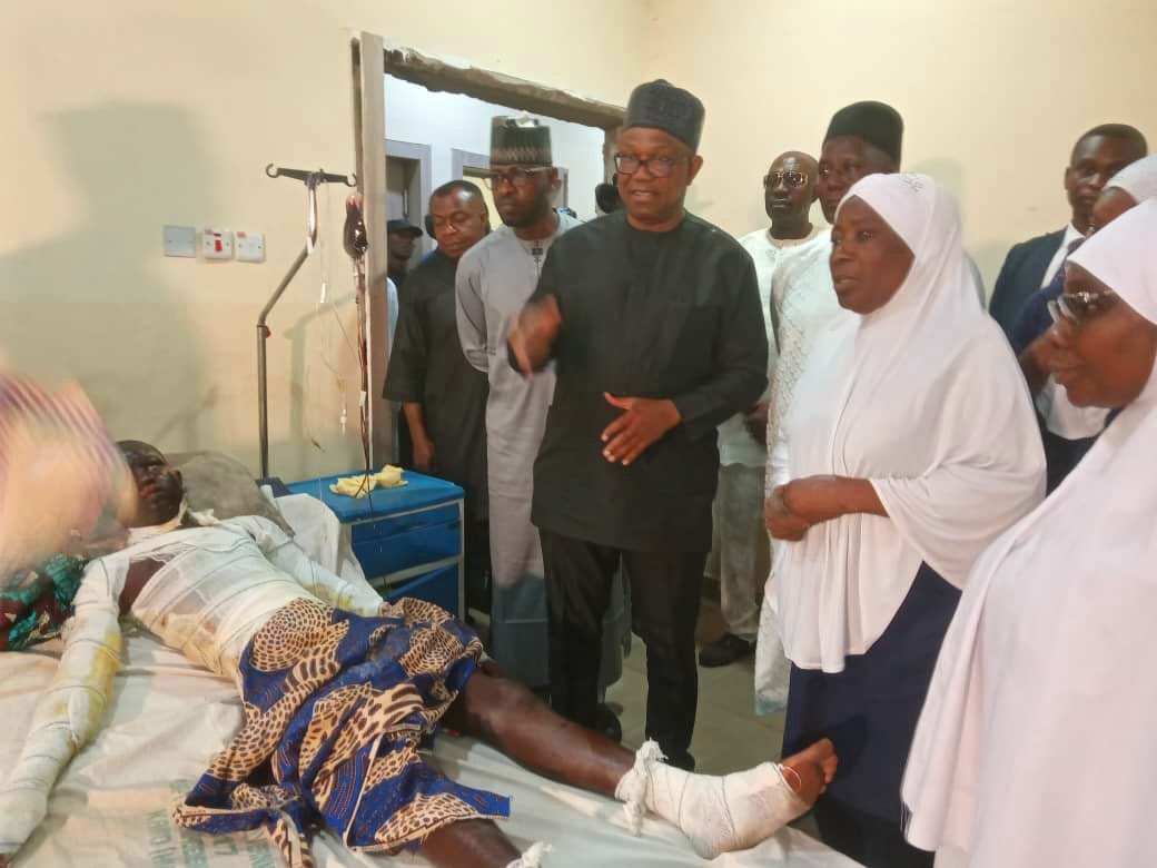 —Peter obi visits the Kano mosque attacked victims in Murtala Muhammed hospital in Kano yesterday.