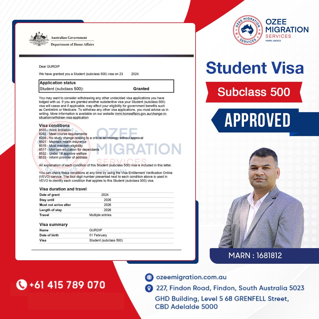 🔊 Tourist to 𝐒𝐭𝐮𝐝𝐞𝐧𝐭 𝐕𝐢𝐬𝐚 (𝐒𝐮𝐛𝐜𝐥𝐚𝐬𝐬 𝟓𝟎𝟎) 𝐀𝐩𝐩𝐫𝐨𝐯𝐞𝐝!

🥳𝐂𝐨𝐧𝐠𝐫𝐚𝐭𝐮𝐥𝐚𝐭𝐢𝐨𝐧𝐬 𝐭𝐨 Mr. Gurdip on the grant of Student Visa

🌎 ozeemigration.com.au
☎️ +61 415 789 070
#studentvisaAustralia #studyinAustralia #Australiastudyvisa