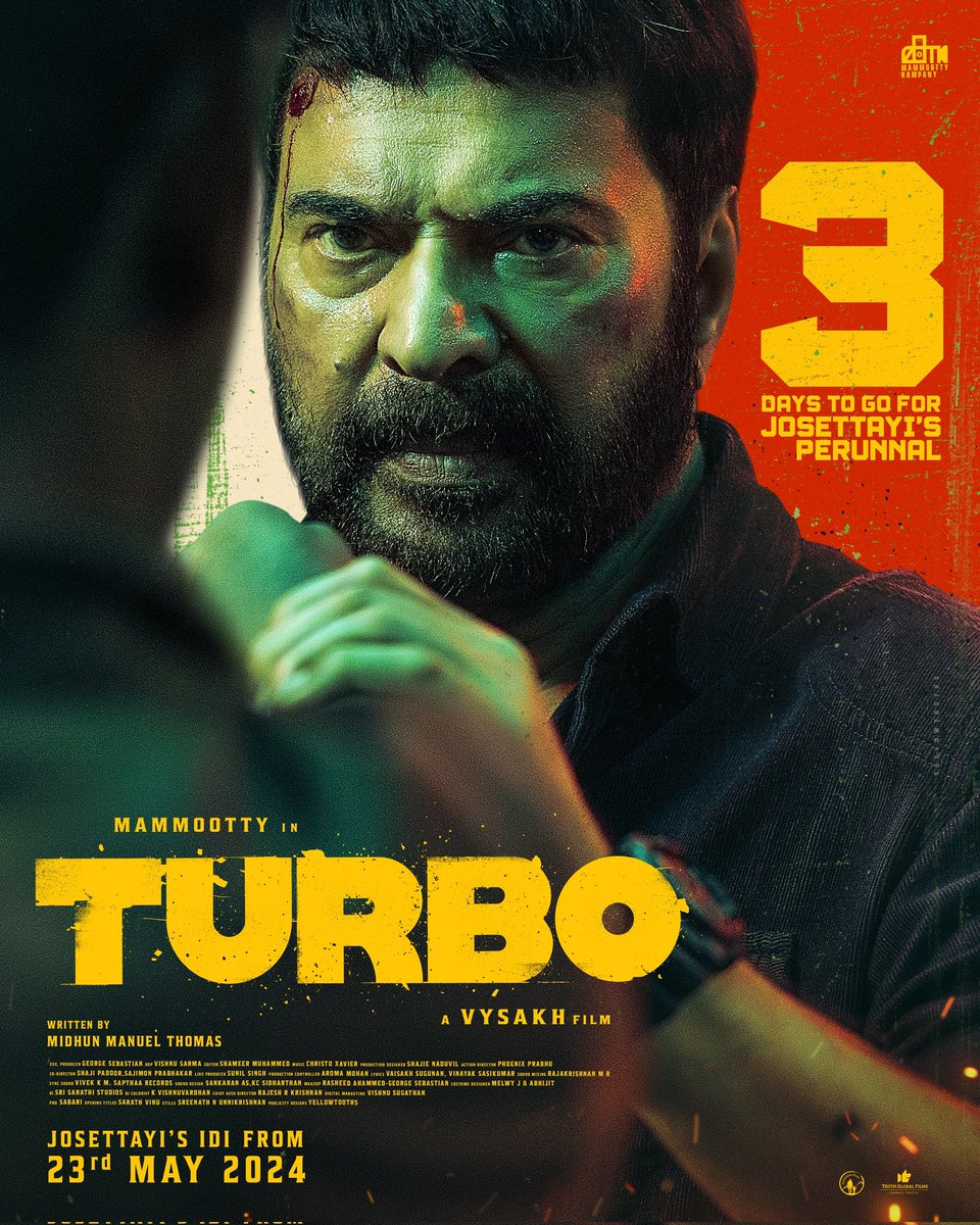 #TURBO : 3 DAYS TO GO🔥 Stars : Mammootty - Raj B Shetty Music : CristoXavier (Bramayugam) Writing : Midhun Manuel Thomas (Anjaam Pathira) Direction : Vysakh (Puli Murugan) MAY 23 2024 Theatrical Release!!