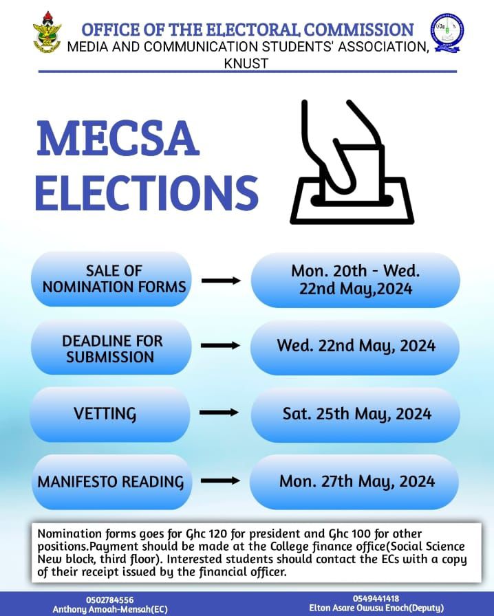 ‼️‼️‼️‼️‼️‼️‼️‼️‼️‼️
Notice: Sale of Nomination Forms 
Interested students can make payment for nomination forms from Monday, 20th May, to Wednesday, 22nd May, 2024 at the college finance office,New block, Third floor. 
Contact +233 50 278 4556/ +233 54 944 1418 for more info.