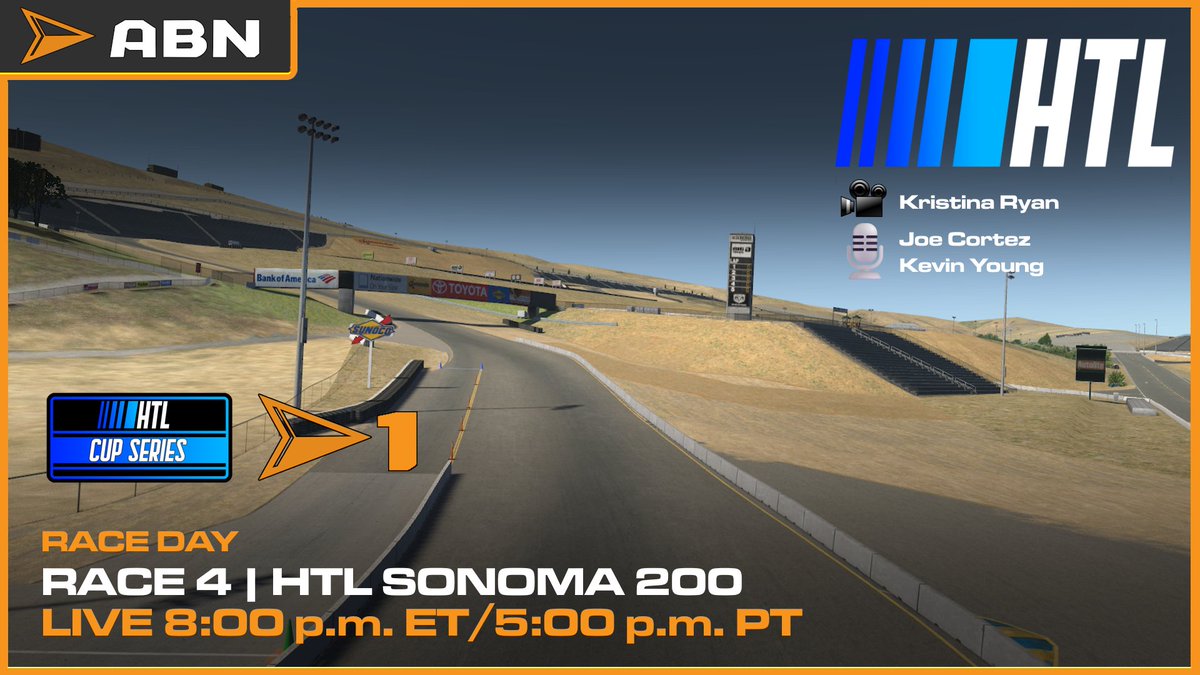 #HTLCup | The HTL West Coast swing ends tonight with the first road course race of the season. It's time for a visit to Wine Country. 8 p.m. ET | 63 laps | ABN1 @HTLRacingLeague | @ABNeSports_US