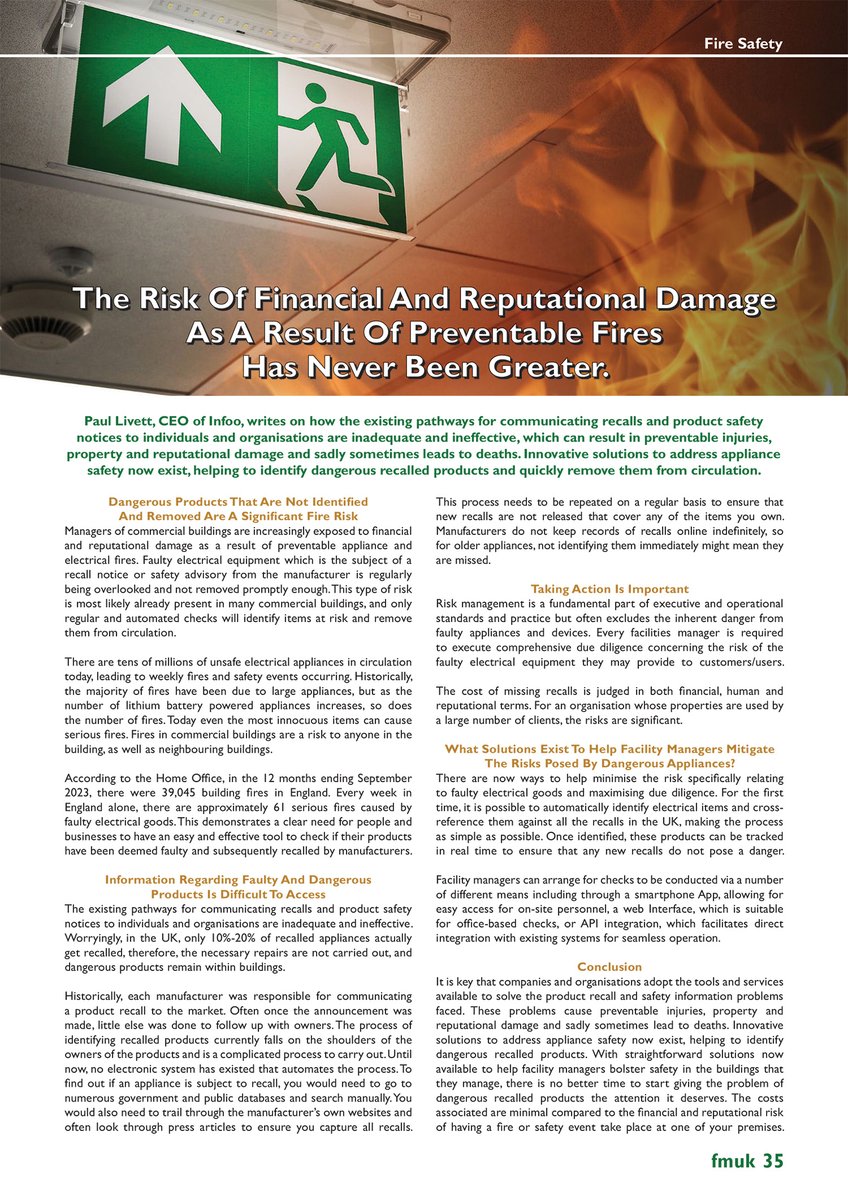 Latest Issue 📰: The Risk Of Financial And Reputational Damage As A Result Of Preventable Fires Has Never Been Greater By Paul Livett, CEO of Infoo. ➡️fmuk-online.co.uk/features/5472-… @InfooHome #facman #FacilitiesManagement #fire #safety #damage #buildings #preventable