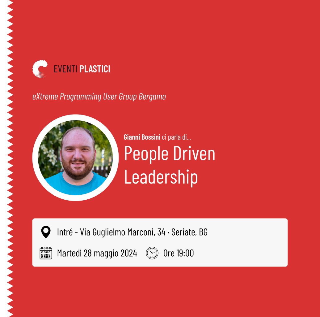 Pensando ai leader spesso immaginiamo figure di successo, ma la #leadership è una qualità che può appartenere a ciascuno di noi.

📅Martedì 28 <a href="/BossiniGianni/">Gianni Bossini</a> parlerà di #PeopleDrivenLeadership e di come gestire frizioni mediante pratiche agili all'incontro di <a href="/xpugbg/">XPUG Bergamo</a>.

Ci sarete?