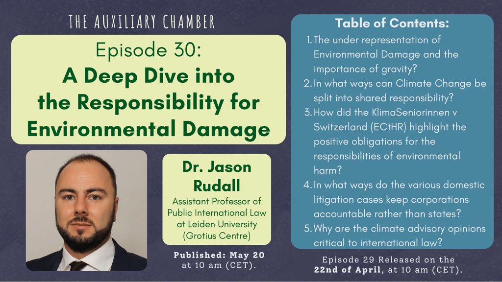 TheAuxiliaryCh1's tweet image. 🎙️ Ep. 30 is out now on all podcast platforms! 🎙️

The podcast is honored to present the second part of the mini-series with Dr. @jason_rudall on his new book! We dive into the concepts of Responsibility for Environmental Damage, climate change, litigation, and advisory opinions!
