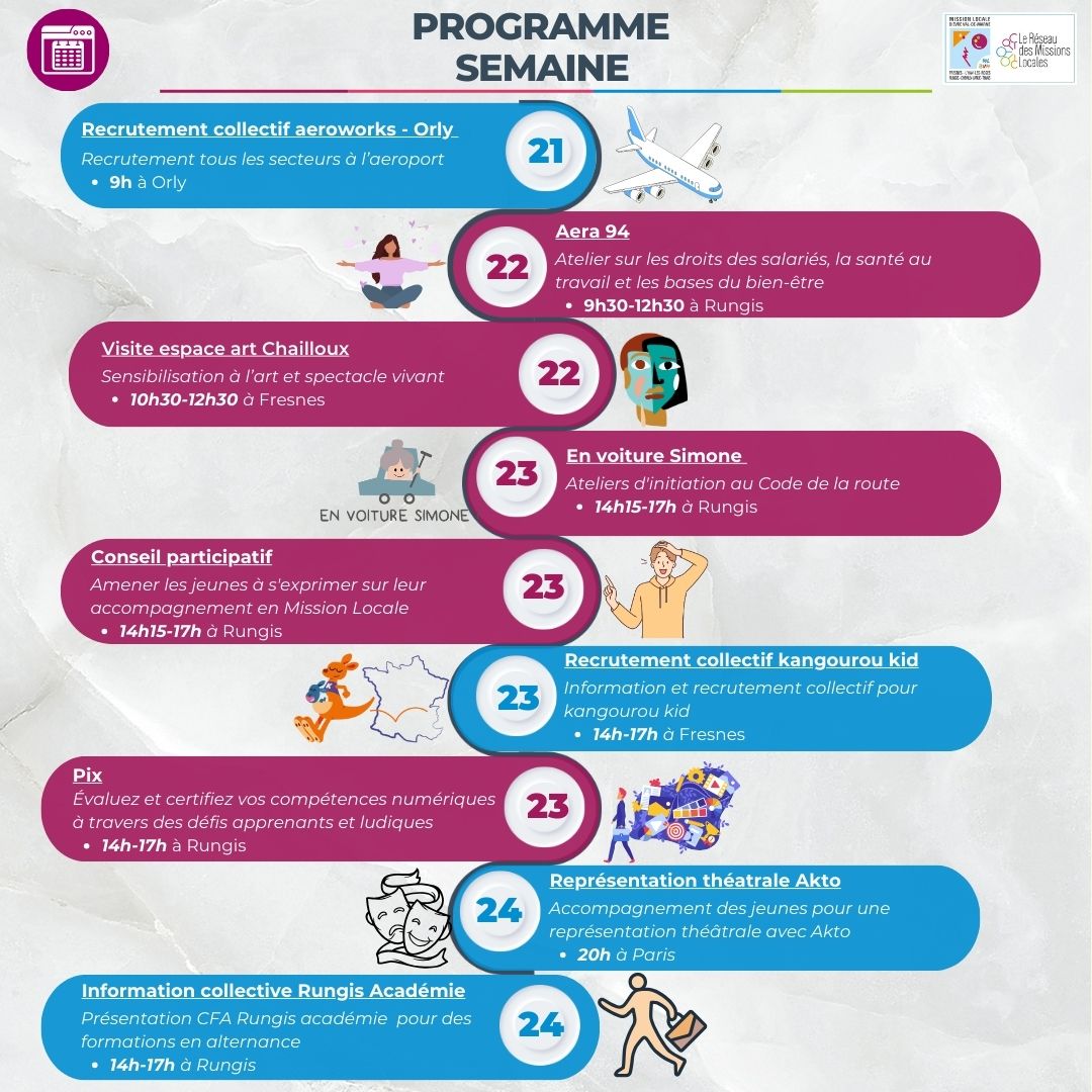 📅✨ Nouvelle semaine, de nouvelles opportunités ! À partir du 21 avril, restez connectés pour découvrir ce que nous avons préparé pour vous.
#Missionlocale #ProgrammeSemaine #Opportunité #EmploiDuTemps #RendezVousDeLaSemaine #1jeune1solution #Jeunesse