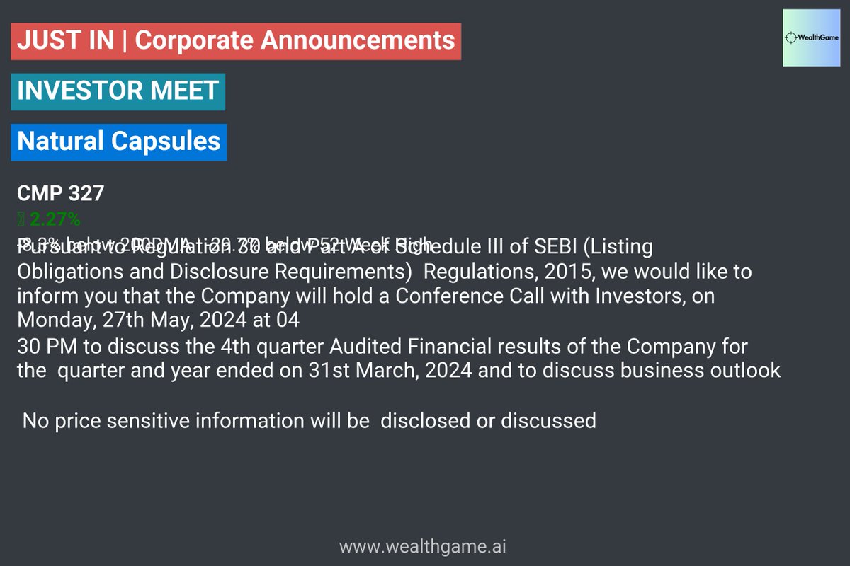 VPickr's tweet photo. #NATCAPSUQ #INVESTORMEET | Natural Capsules #stockmarketindia
Announcement Link:: https://t.co/EU4HfE7WzS
For live corporate announcements, visit : https://t.co/RR7Eka30b8 https://t.co/XWZaZaPZER