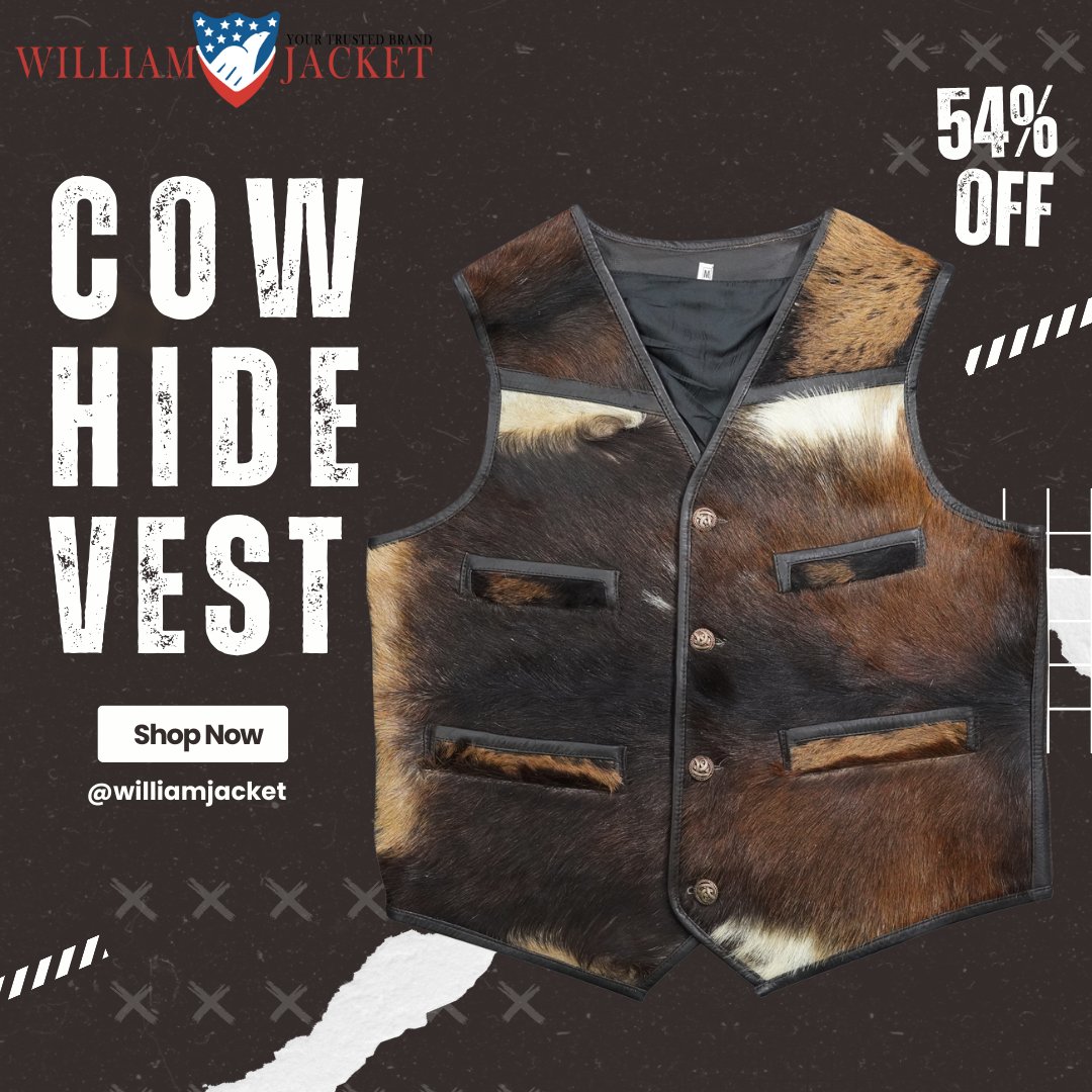williamjacket's tweet photo. Stand out from the herd in this unique cowhide vest!  It's the perfect way to add some western flair to your everyday look. #Menswear #Womenswear #Cowhide #StyleInspiration https://t.co/HHxdcCtzfR