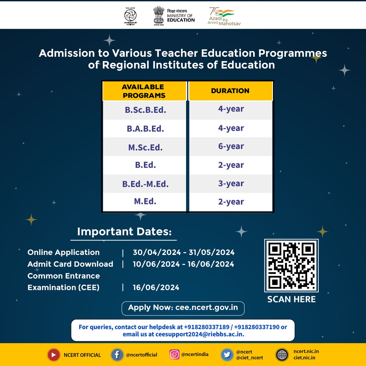 Attention Aspiring Educators! The National Council of Educational Research and Training (NCERT), New Delhi, is inviting online applications for admission to various Teacher Education Programmes at its prestigious Regional Institutes of Education (RIEs) across India:- (i) RIE,