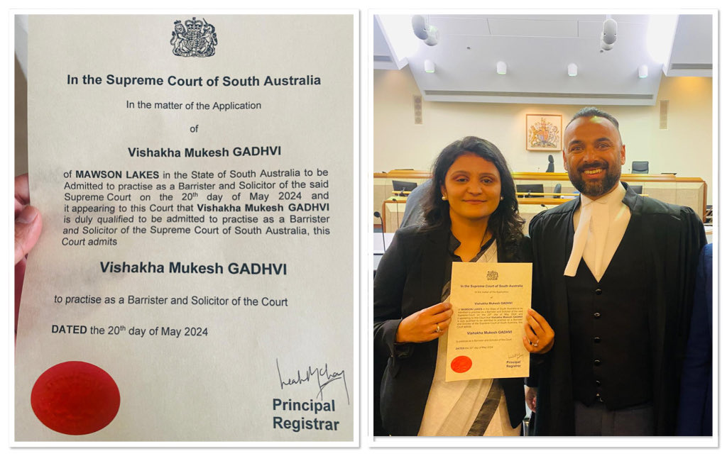 Congraculations beta 🙏💐Vishakha mukeshbhai gadhvi , sambarada has become Barrister and Solicitor @supreme court of sauth Austreliya. God bless you 🙏💐