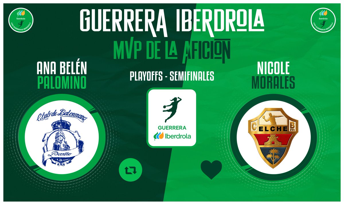 ⭐ #GuerreraIberdrola - Playoffs (Semifinales)

🆚 <a href="/BmPorrino/">Club Balonmán Porriño</a> : <a href="/cbm_elche/">Atticgo Balonmano Elche</a>

♻️ RT: <a href="/anabelenpd/">Ana Belén Palomino</a>
❤️ Me gusta: <a href="/nicole11morales/">Nicole✨</a>

#SheLovesHandball #LigaGuerrerasIberdrola