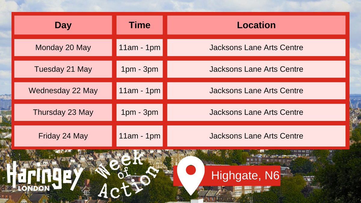 Today (Monday 20 May) sees the start of our #WeekOfAction in #Highgate.

If you live/work in the ward, we want to hear from you on the issues that matter to you most.

Come & speak to our teams outside @jacksons_lane & let's build a #better, #fairer & #greener #Haringey together.