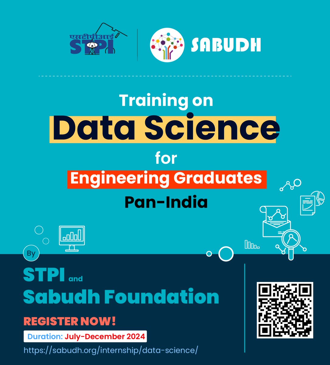 STPI and Sabudh Foundation have joined hands together to provide a cost-free, six-month quality training in Data Science for around 200 Engineering graduates across India. Enroll now: sabudh.org/internship/dat… Duration: July-December 2024 @SabudhF