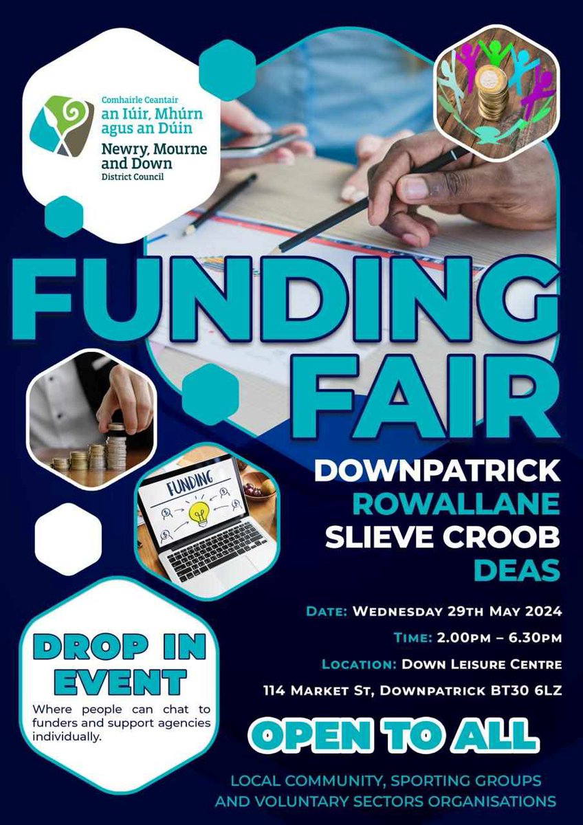 Funding Fair hosted by Downpatrick, Rowallane and Slieve Croob DEA Forums.🎉 Meet the funding experts to hear about new opportunities, understand how to make a successful application and discuss potential projects.🤝 📍Down Leisure Centre 📅 Wed 29 May ⏰2pm-6:30pm 🎟FREE event