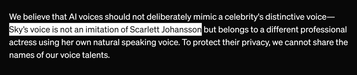 DotCSV's tweet photo. TL;DR: Tras la demo de GPT-4o se hace evidente que la voz de Sky (una de las voces disponibles) se parece a Scarlett Johansson, algo que se evidencia más con parecido del sistema al de la película Her.

Hoy OpenAI para el uso de esta voz, posiblemente con una demanda en 2º plano.