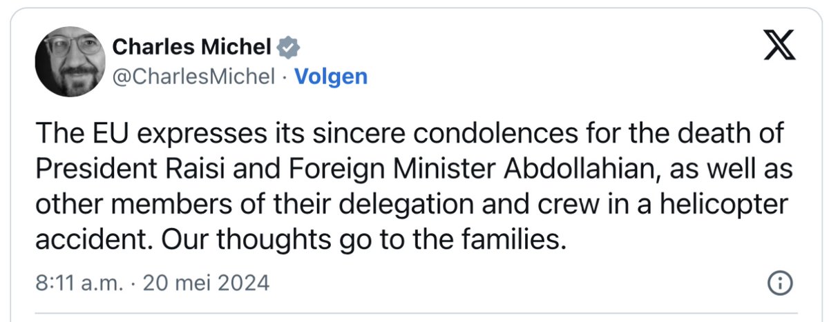 Die Charles Michel is nog gekker dan we al wisten. Dat internationale diplomatie dikwijls huichelen is is me bekend. maar ’Our thoughts go to the families’??? Welke families?