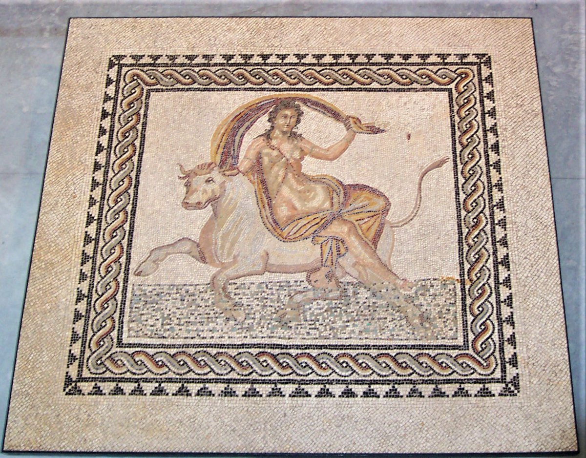 #MosaicMonday Europa being abducted and carried over the sea by Zeus in the form of a bull, though neither look all that bothered.... 2-3 C AD. One of many fine floors discovered around 1900 in Trinquetaille district of Arles, now in the superb Musée de l'Arles antique.