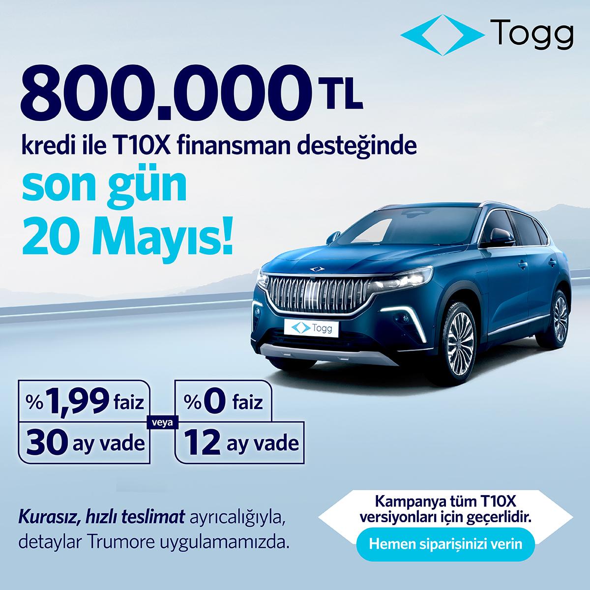 Togg, 800.000 TL’lik kredi finansman desteğinden faydalanmak için son günün 20 Mayıs Pazartesi günü olduğunu açıkladı.