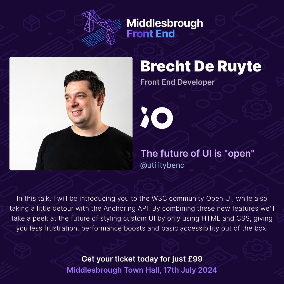 We can't wait to hear from Brecht (@utilitybend) with his talk 'The future of UI is 'open'' Diving into W3C Community Open UI, Anchoring API and a few other tasty bits we're about to see whats possible with just HTML & CSS! 🎟️ Tickets just £99 👉 loom.ly/VjwjCks