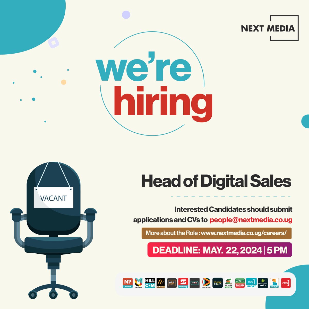 We're currently recruiting a Head of Digital Sales to join #NextMediaUG and lead the charge in developing and executing strategies to sell our digital assets!

Apply now nextmedia.co.ug/job/head-of-di…. #NextMediaCareers