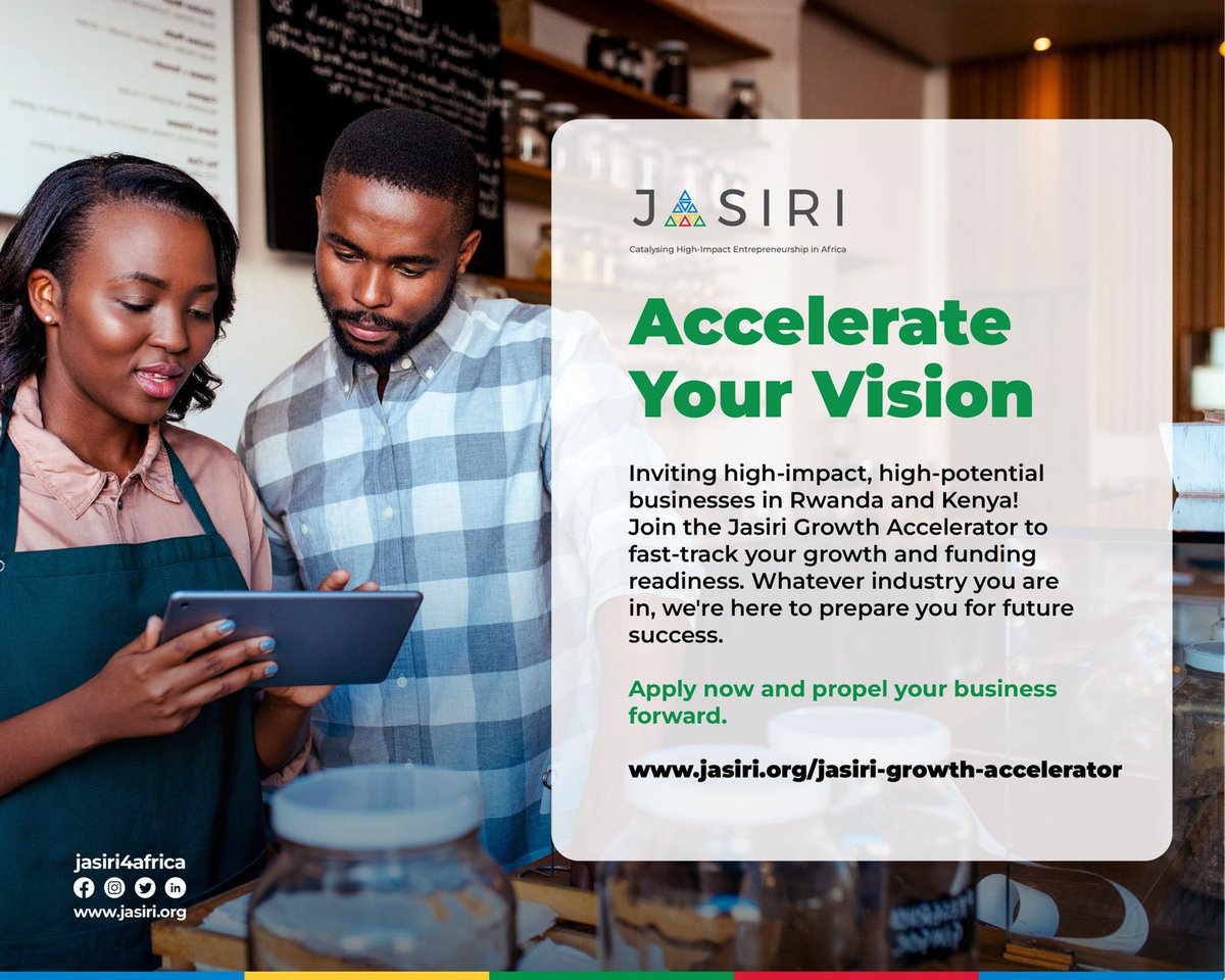 Exciting opportunity for startups in Kenya🇰🇪 and Rwanda🇷🇼! 

The Jasiri Growth Accelerator is investing in very early-stage ventures with strong teams and proven market fit. If you have a high-growth potential startup serving a large, underserved market, we want to propel you to