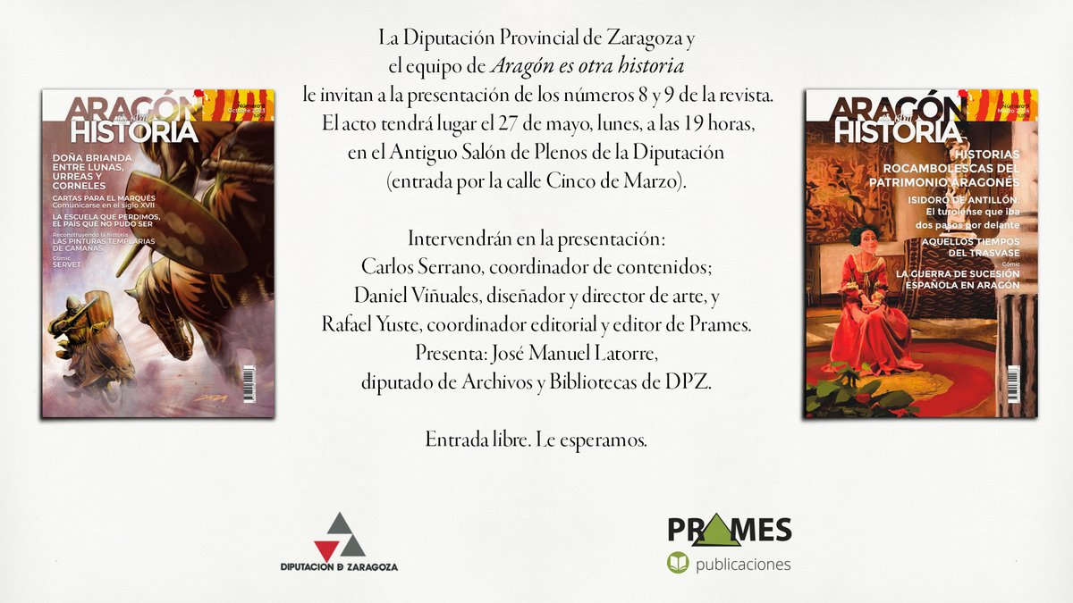 Presentación de los nº 8 y 9 de 𝘼𝙧𝙖𝙜𝙤́𝙣 𝙚𝙨 𝙤𝙩𝙧𝙖 𝙝𝙞𝙨𝙩𝙤𝙧𝙞𝙖: lunes 𝟮𝟳-𝗺𝗮𝘆𝗼/𝟭𝟵 𝗵 en 𝗔𝗻𝘁𝗶𝗴𝘂𝗼 𝗦𝗮𝗹𝗼́𝗻 𝗱𝗲 𝗣𝗹𝗲𝗻𝗼𝘀 𝗱𝗲 𝗹𝗮 <a href="/DPZaragoza/">Diputación de Zaragoza</a> (entrada por la c/Cinco de Marzo). Presenta el diputado JM Latorre <a href="/sevegodina/">sevegodina</a>. Os esperamos. #aeoh