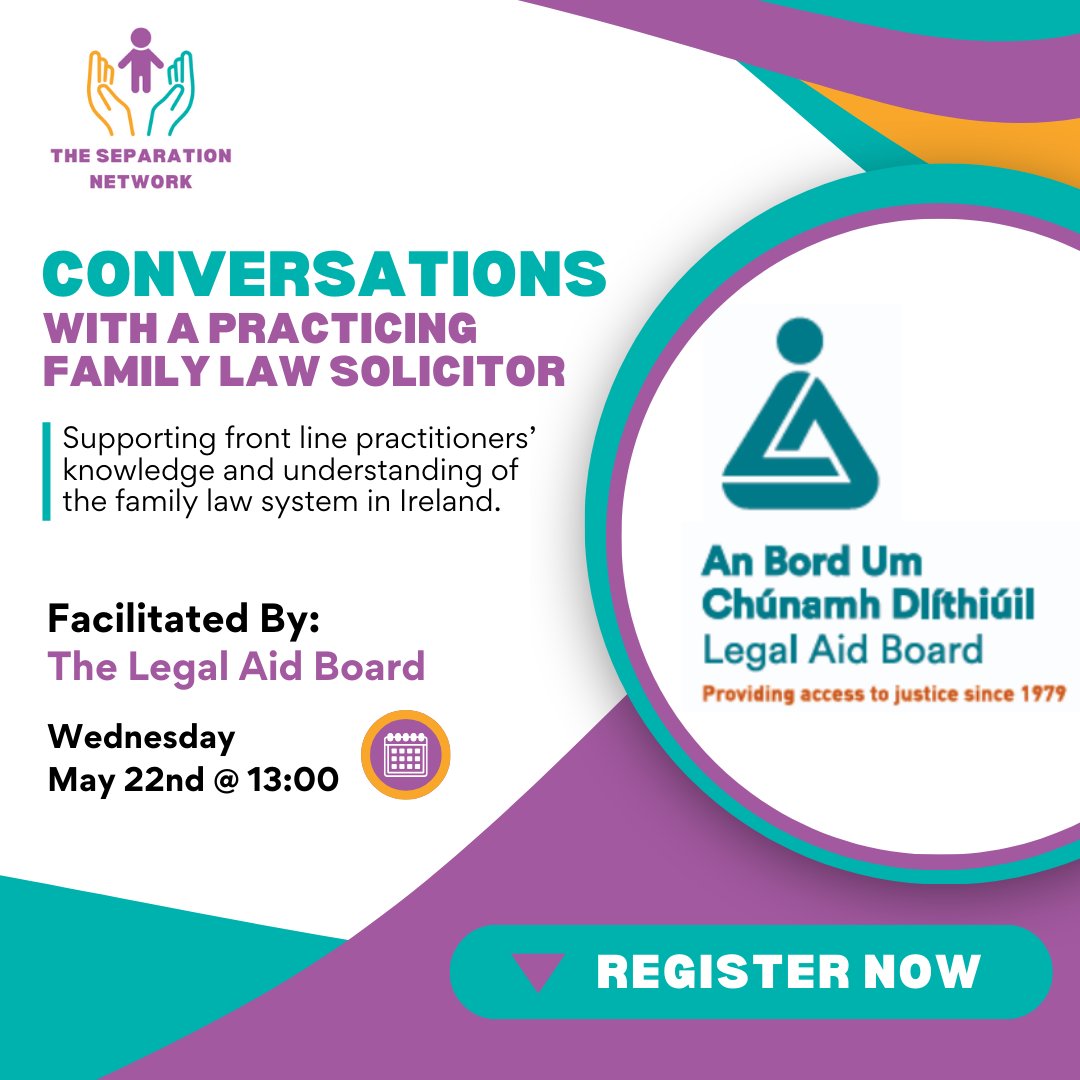 The Separation Network is hosting an informative workshop facilitated by @Legal_Aid_Board on May 22nd. If you're a front line practitioner who wants to improve your understanding of the family law system then this workshop is for you! Learn more here: onefamily.ie/separation-net…