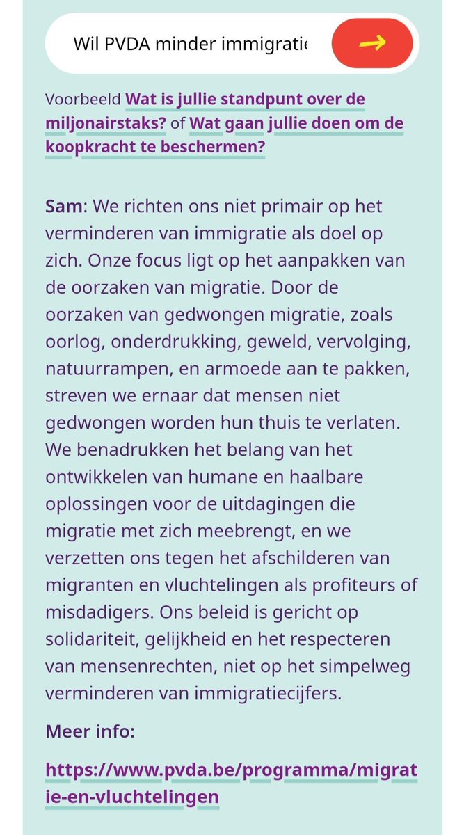 PVDA-chatbot: 'PVDA wil NIET minder migratie.' 

Gevolg: 
Meer migranten die nooit bijdroegen, maar wel steun vragen
Meer druk op onze sociale bescherming
Minder geld voor eigen mensen die steun nodig hebben
Meer wachtlijsten

➡️Links ondergraaft bewust onze sociale bescherming.