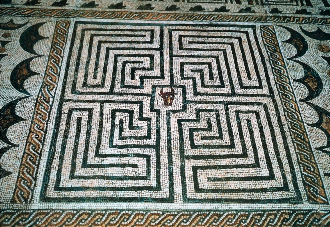 #MosaicMonday - A delightful labyrinth panel from the central peristyle of the House of the Fountains at Conimbriga, Portugal: ca. Late 3rd Century AD. The element fits the peristyle's decorative theme of mythological heroes. #Roman #Art Image: Conimbriga Monographic Museum