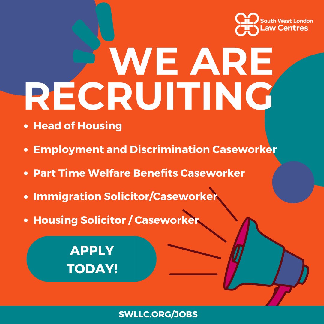 Deadline today 20.05.24 Come and join our wonderful award winning team and make a huge difference in our community. We have a range of roles for people who care about #SocialJustice 👇👇 swllc.org/about-us/jobs/ 💪💪