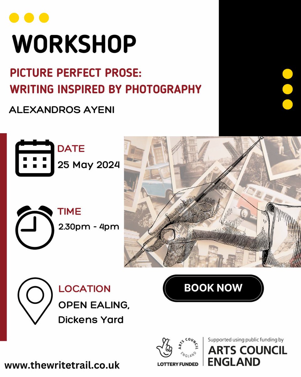 HAPPY #CreativityandWellbeingWeek !

See ⬇️ our line up for you this week! 

📅 25 May 2024
⏰ 2.30pm-4pm
📍 @Openealing    
🎫 Ticketed
 
thewritetrail.co.uk 
@1stVrsEducation 

#ACESupported #photography #writing #thewritetrail  #creativityweek #Ealing #LondonBorough #words