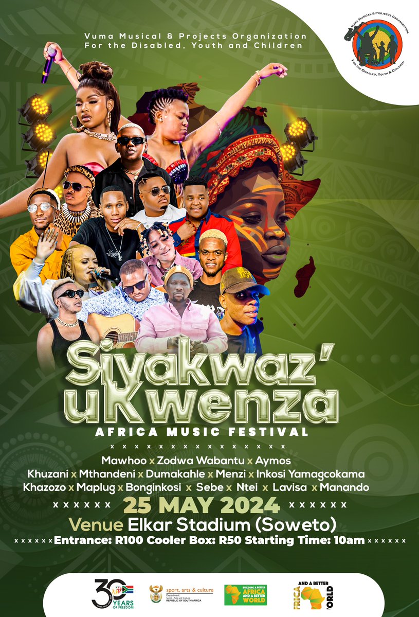 IVuma Musical & Projects Organisation For The Disabled Youth and Children yethula ngokuziqhenya iSiyakaz’ukwenza Africa Music Festival. 🗓️ 25 ku-Nhlaba 2024 📍Soweto Elkar Stadium Ungaphuthelwa #Siyakazukwenza