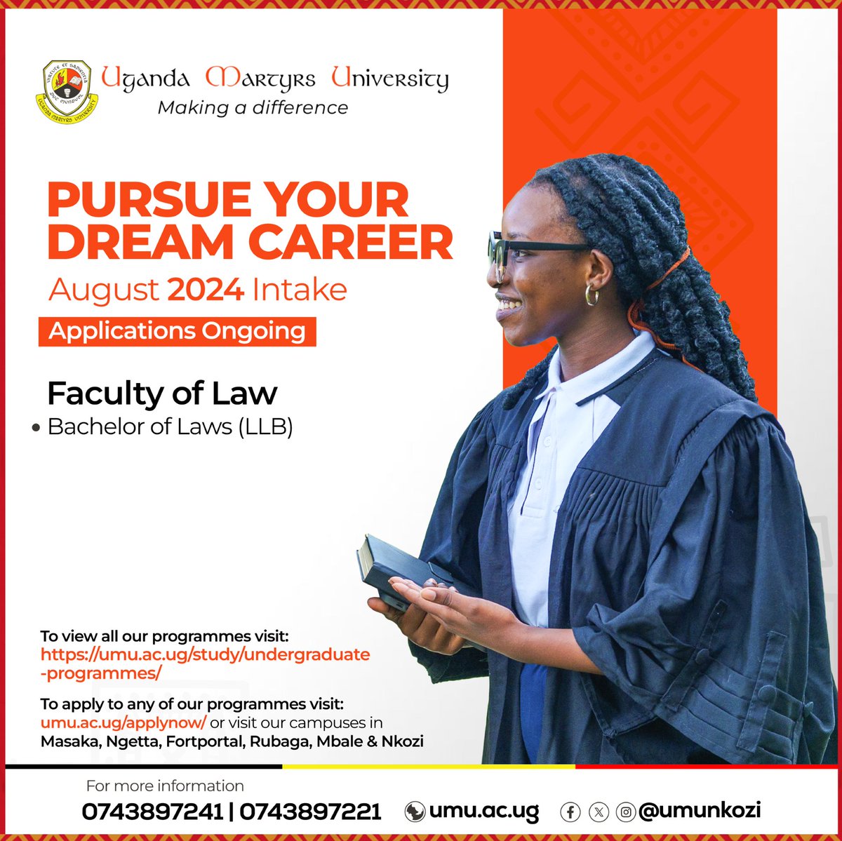 AD Passionate about pursuing a career in Law? Don't miss out on the August 2024 intake at Uganda Martyrs University! Apply now 👉 umu.ac.ug/applynow/ Call☎️ +256 743897221 /+256 743897241 / admissions.umu.ac.ug #UMU @umunkozi